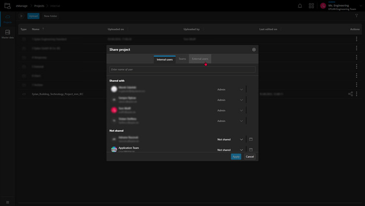EPLAN Collaboration Apps sharing with users or teams